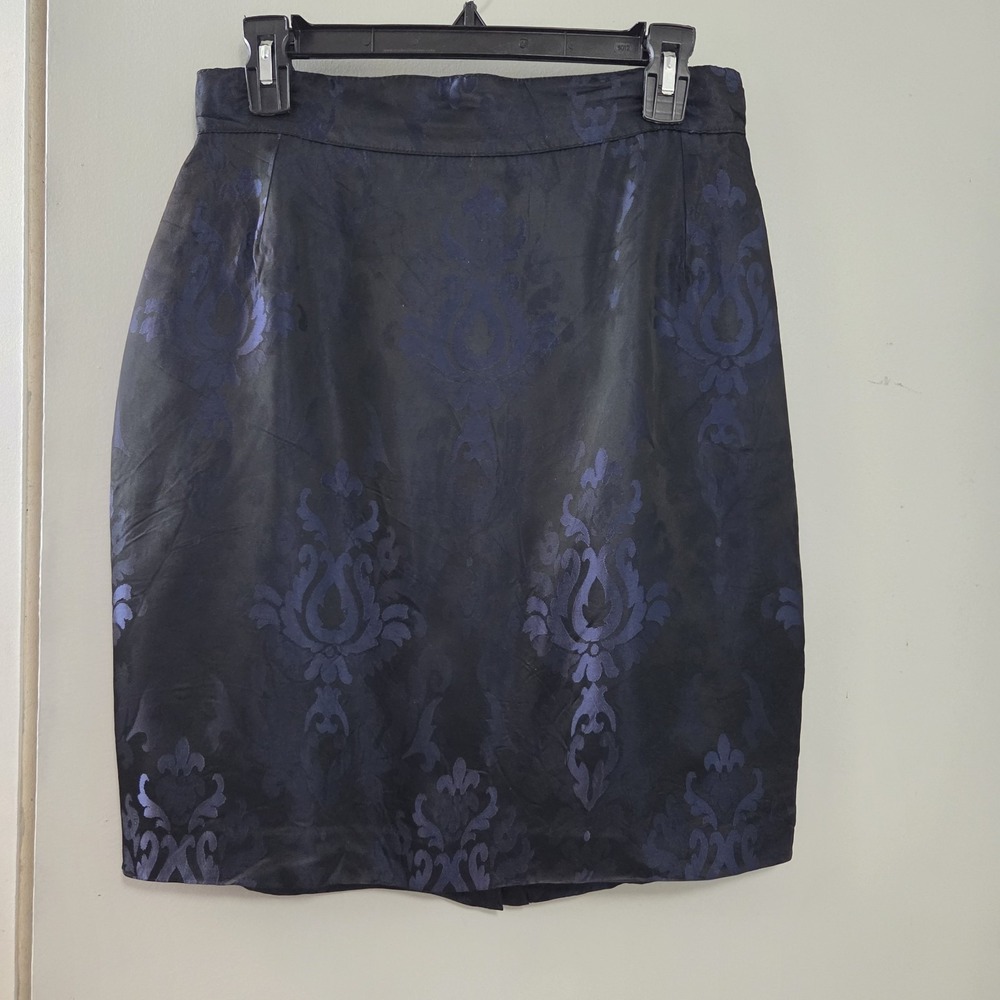Vtg 80s 90s Skirt 6 Vertigo France Jacquard Pencil Blue Black Damask Made France